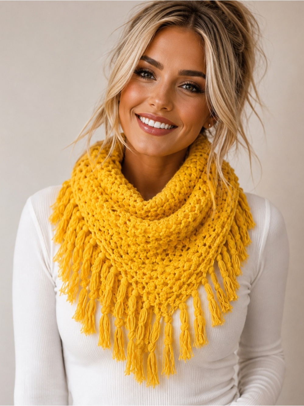 💛 American Eagle Mustard Yellow Crochet Fringe Infinity Scarf 🧣